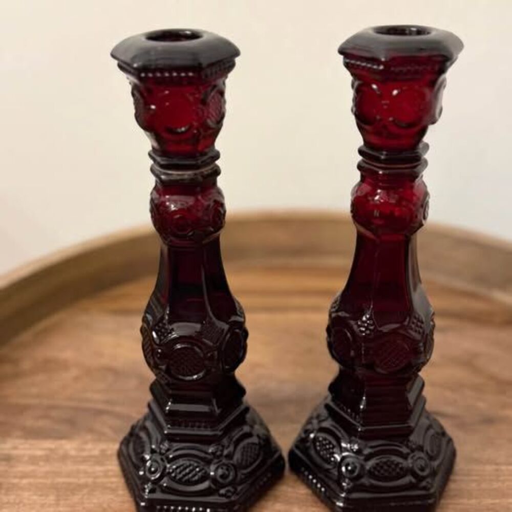 Vintage Avon 1876 Cape Cod Ruby Red Glass Candlestick Decanters - Set of 2